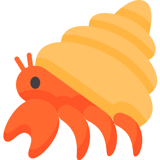 A sideview of a small red hermit crab poking its head and claws out from under a light orange cone shaped shell
