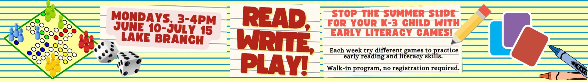read write play at the lake branch on mondays for kids in k to 3rd grade