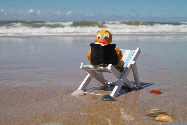 Rubber duckie reading a book on the beach.