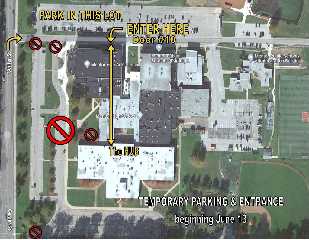 Map of the Mentor High School campus with directions for people to park in the north parking lot and enter the door marked number 10. Walk straight down the hallway to the entrance of The HUB, past the courtyard.