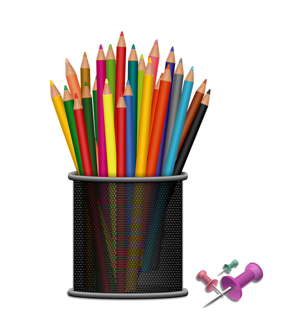 Container of colored pencils and push pins.