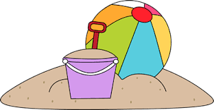A rainbow striped beach ball sits next to a purple pail of sand, sitting on the beach
